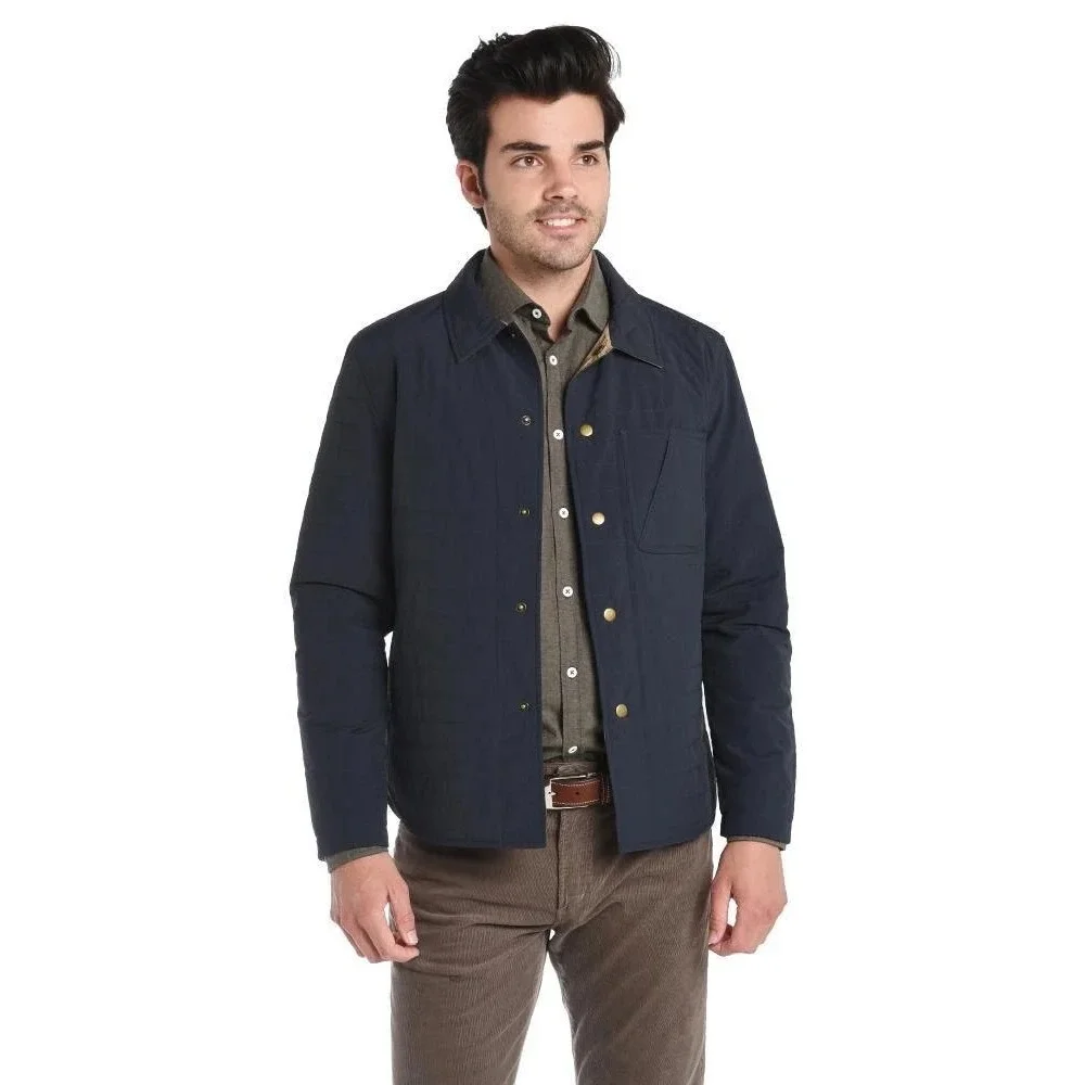 Billy Reid Navy Nylon Shirt Jacket Linen Blend Lining Snap Front Chore Coat S